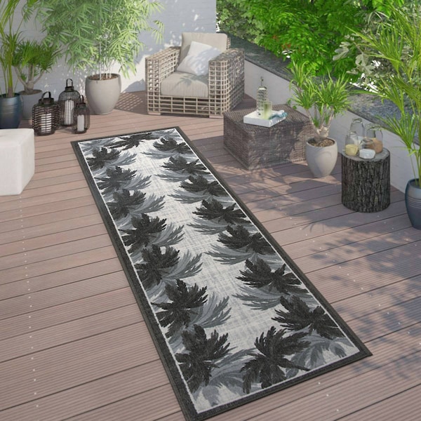 World Rug Gallery Tropical Floral Border Flatweave Indoor/Outdoor Runner Rug 2'x7' Gray 9012GRAY2X7 - main